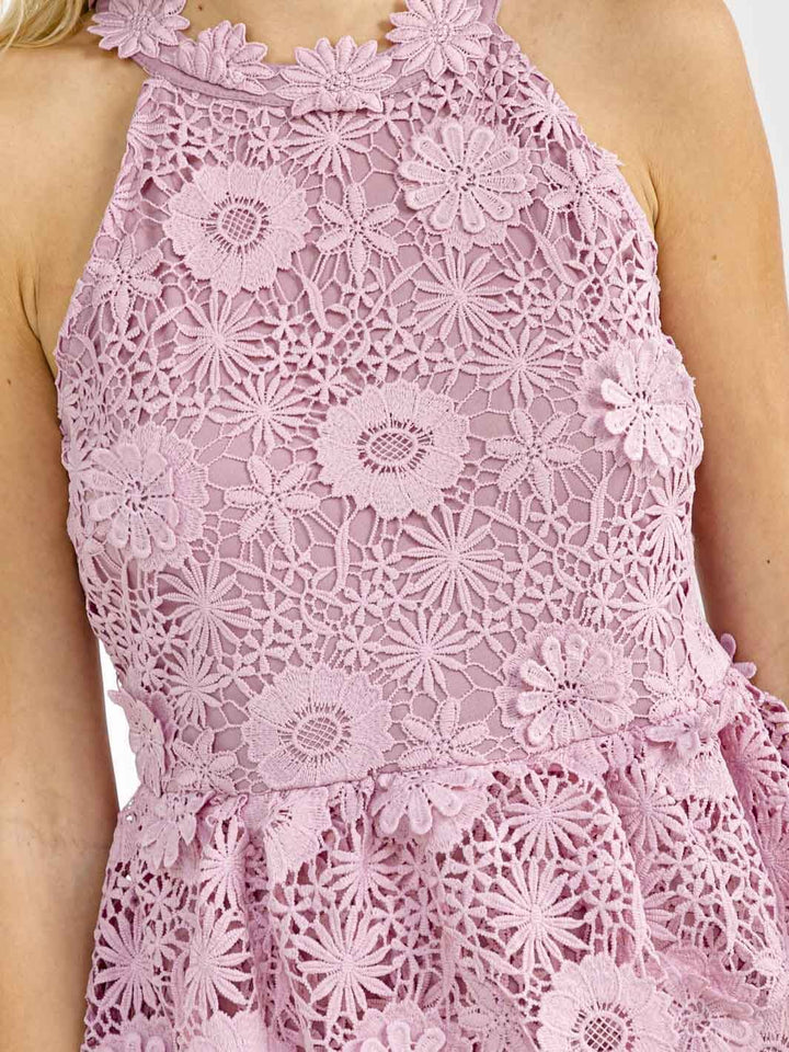 WOMEN'S SLEEVELESS HALTER NECK BODYCON CROCHET MINI DRESS