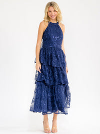 WOMEN'S SLEEVELESS HALTER NECK TIERED RUFFLE SEQUINS MAXI DRESS