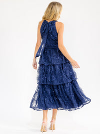 WOMEN'S SLEEVELESS HALTER NECK TIERED RUFFLE SEQUINS MAXI DRESS