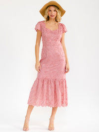 WOMEN'S SHORT SLEEVE RUFFLE FLORAL EMBROIDERY MAXI DRESS