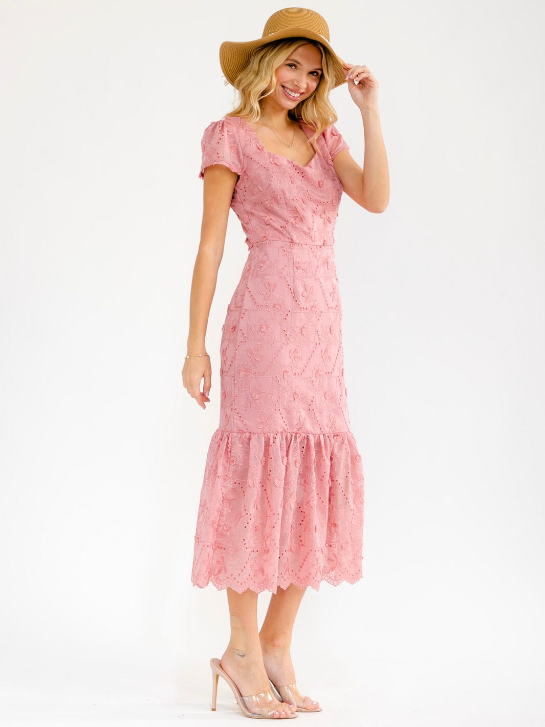 WOMEN'S SHORT SLEEVE RUFFLE FLORAL EMBROIDERY MAXI DRESS