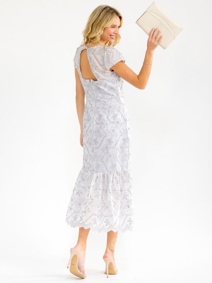 WOMEN'S SHORT SLEEVE RUFFLE FLORAL EMBROIDERY MAXI DRESS