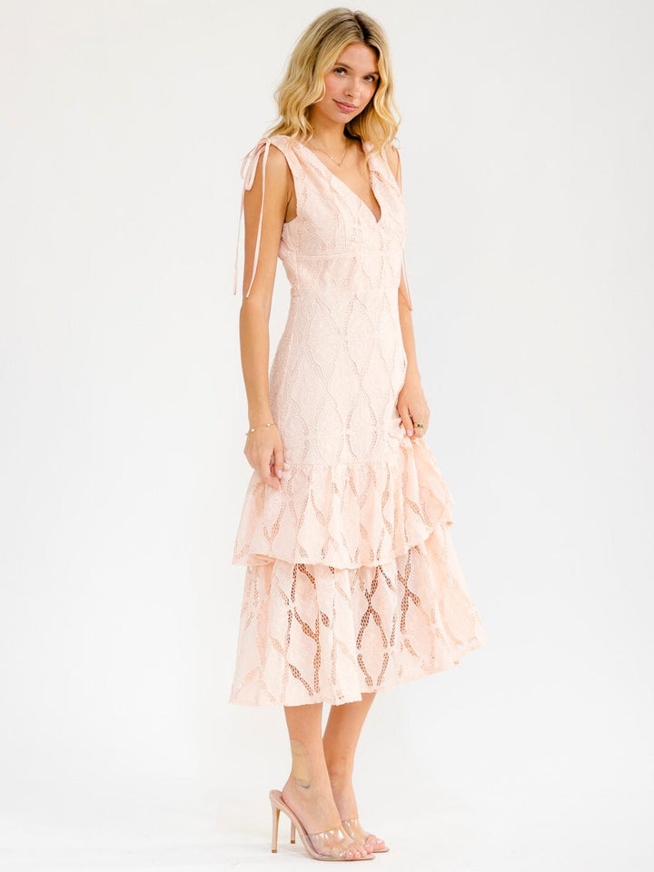 WOMEN'S SLEEVELESS V-NECK TIERED CROCHET MAXI DRESS