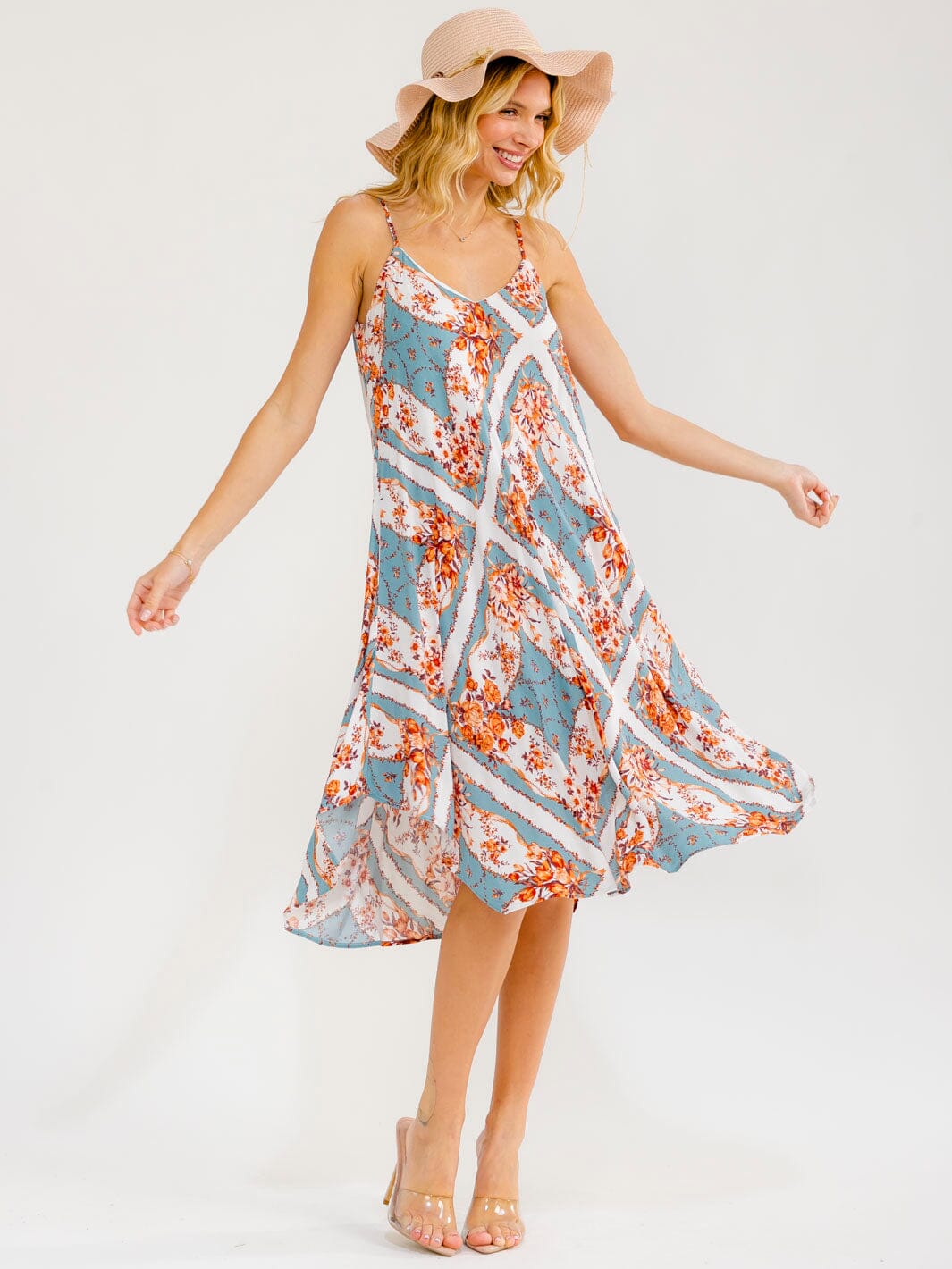 WOMEN'S SLEEVELESS V-NECK FLORAL MIDI DRESS