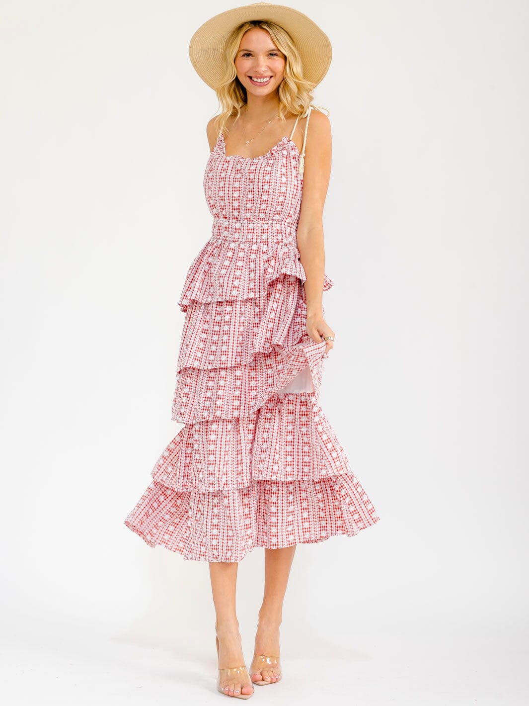 WOMEN'S SLEEVELESS ELASTIC WAIST RUFFLE TIERED PLAID EMBROIDERY MAXI DRESS