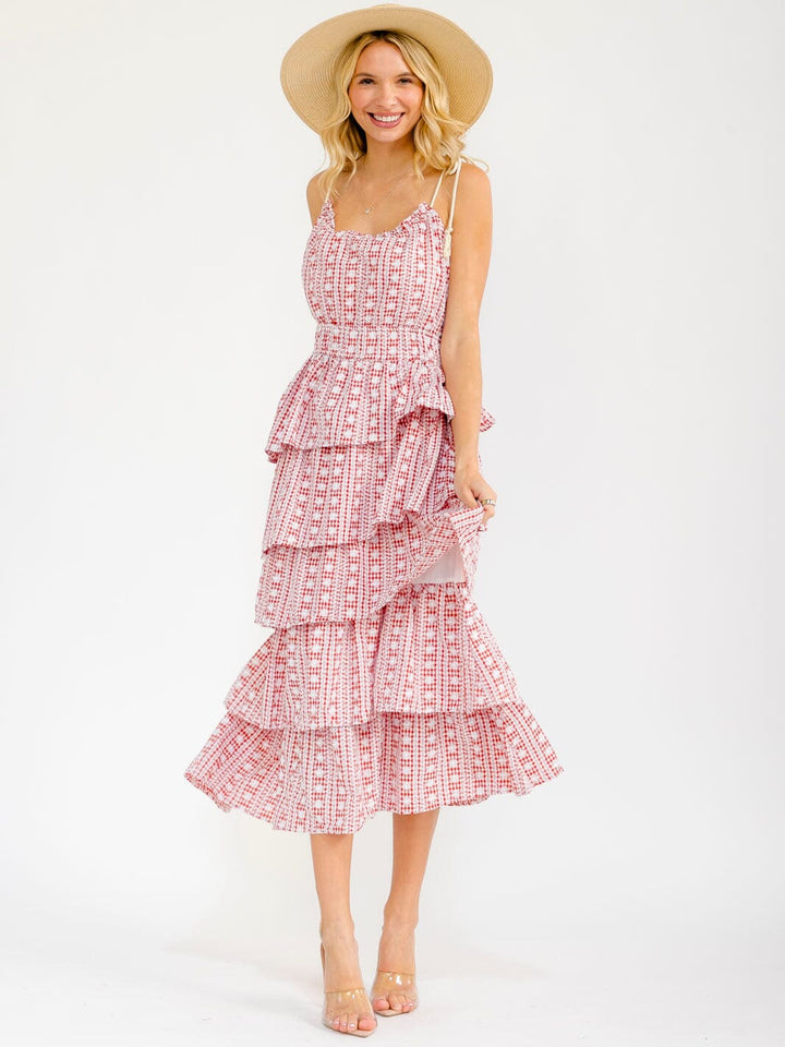 WOMEN'S SLEEVELESS ELASTIC WAIST RUFFLE TIERED PLAID EMBROIDERY MAXI DRESS