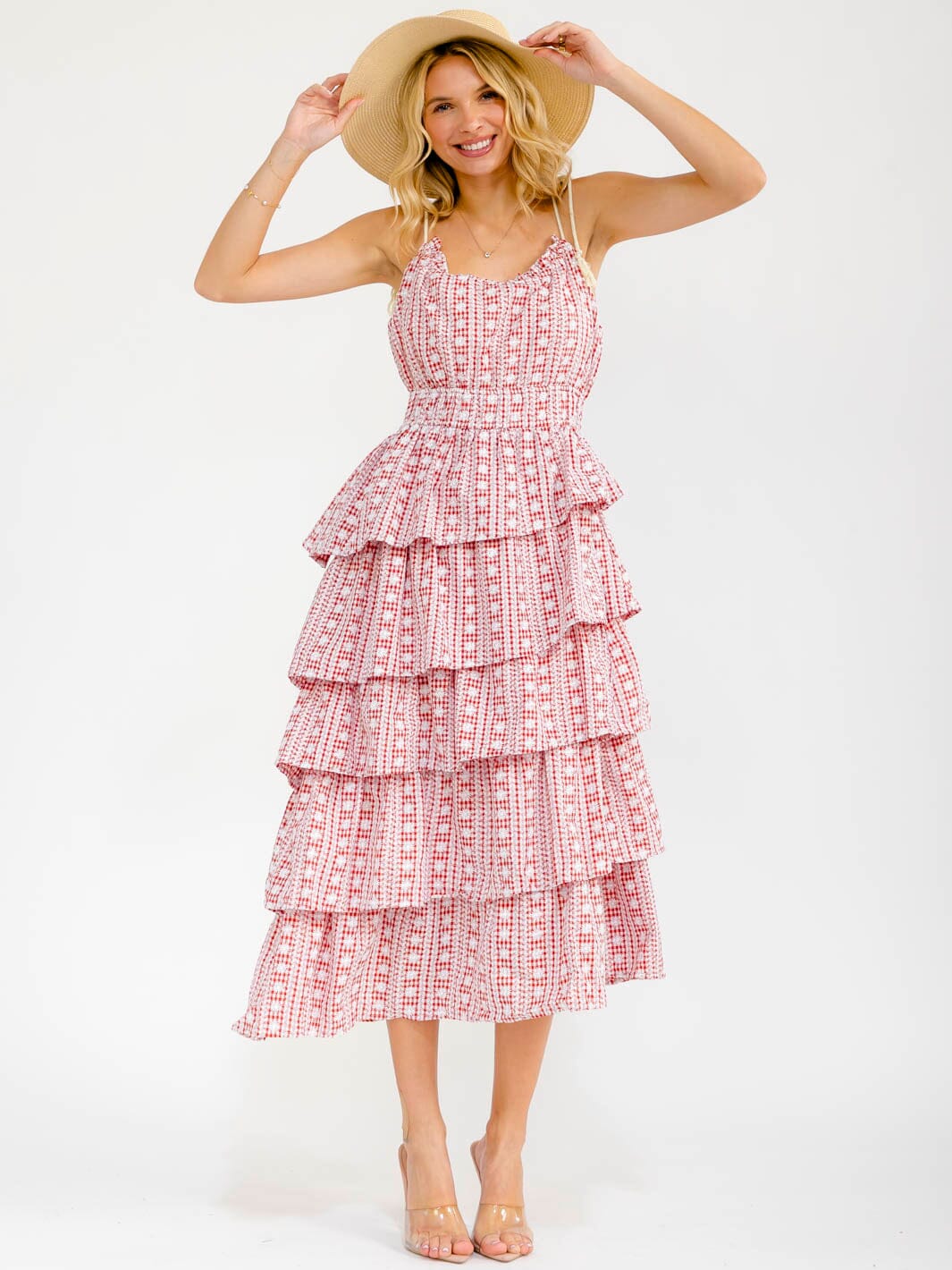 WOMEN'S SLEEVELESS ELASTIC WAIST RUFFLE TIERED PLAID EMBROIDERY MAXI DRESS