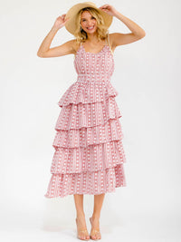 WOMEN'S SLEEVELESS ELASTIC WAIST RUFFLE TIERED PLAID EMBROIDERY MAXI DRESS