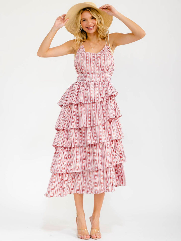 WOMEN'S SLEEVELESS ELASTIC WAIST RUFFLE TIERED PLAID EMBROIDERY MAXI DRESS