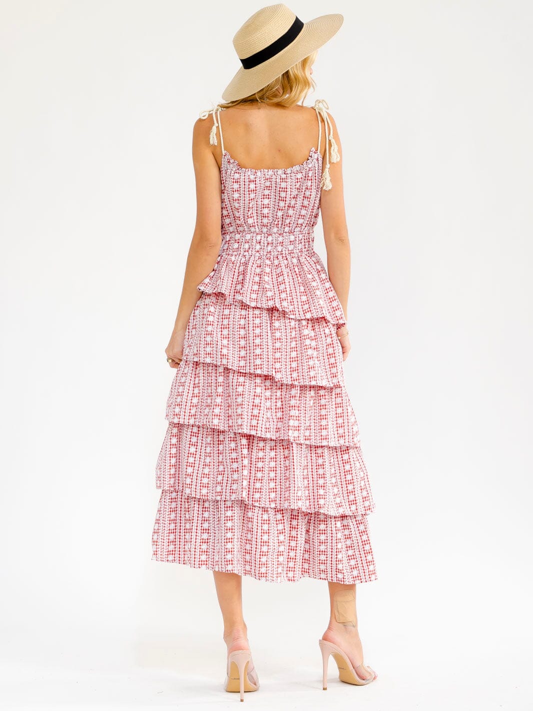 WOMEN'S SLEEVELESS ELASTIC WAIST RUFFLE TIERED PLAID EMBROIDERY MAXI DRESS