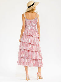 WOMEN'S SLEEVELESS ELASTIC WAIST RUFFLE TIERED PLAID EMBROIDERY MAXI DRESS
