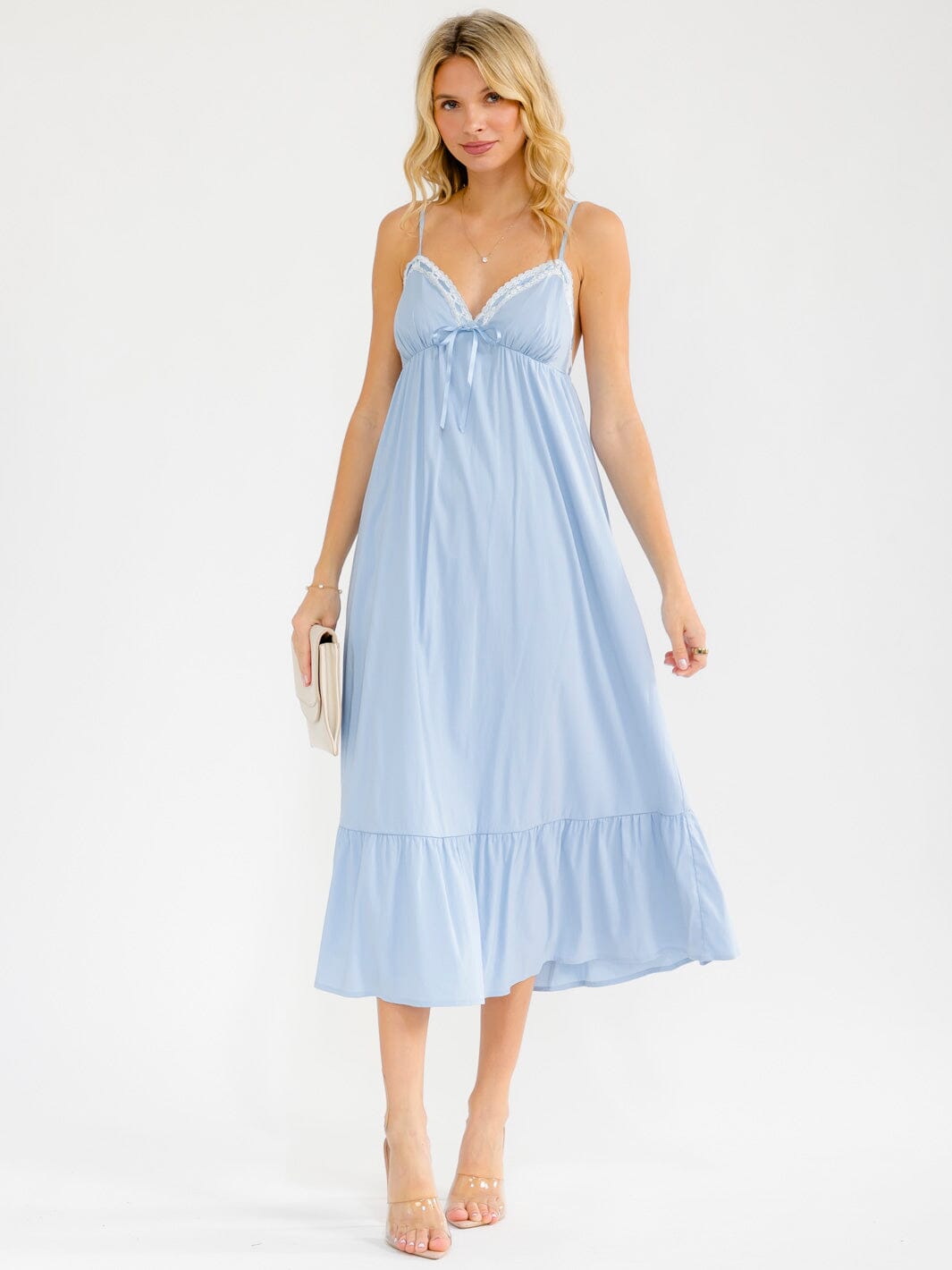 WOMEN'S SLEEVELESS V-NECK OPEN BACK LACE DETAILED MAXI DRESS