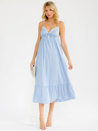 WOMEN'S SLEEVELESS V-NECK OPEN BACK LACE DETAILED MAXI DRESS