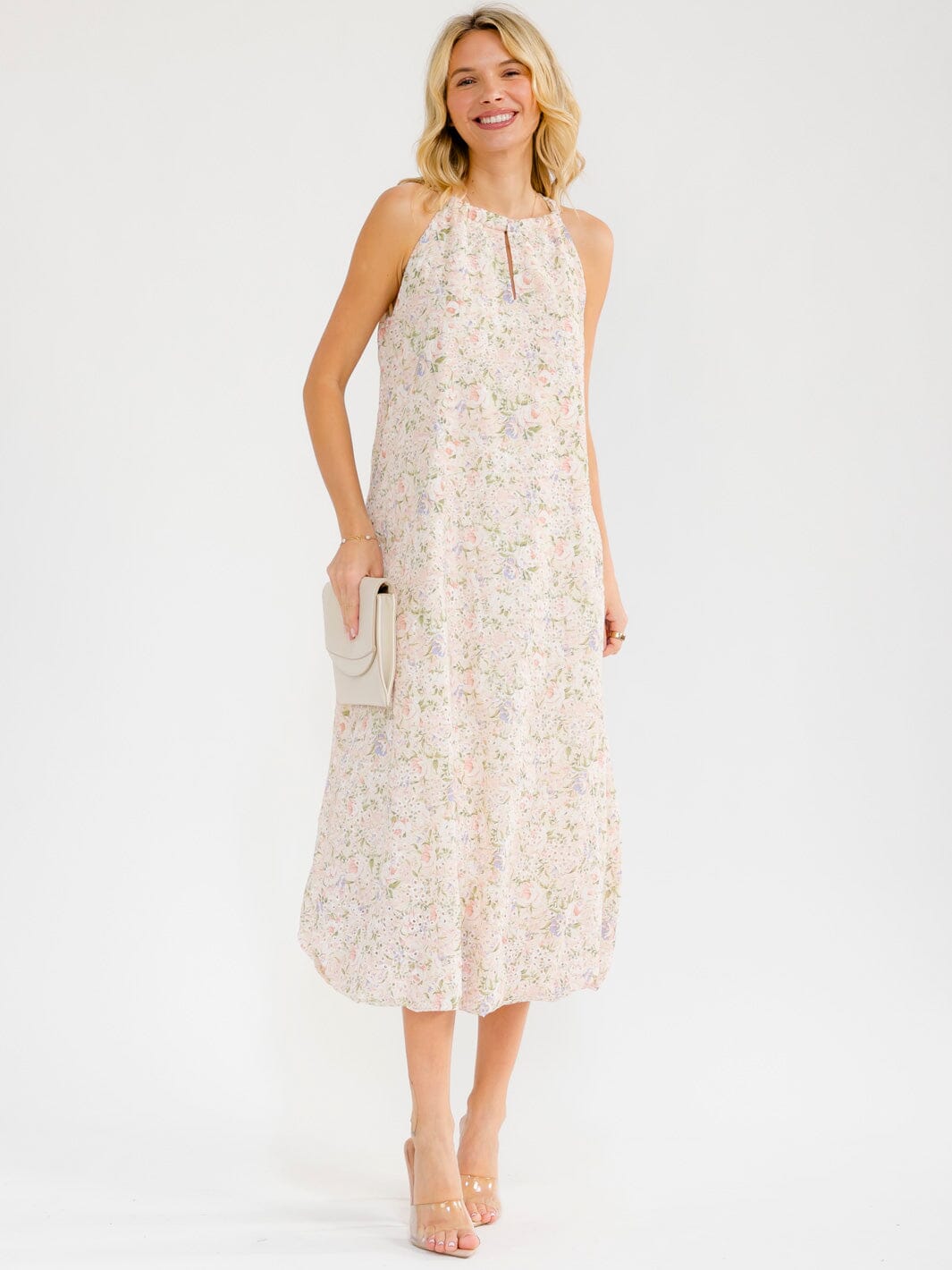 WOMEN'S SLEEVELESS FRONT POCKETS FLORAL EMBROIDERY MAXI DRESS