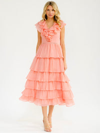 WOMEN'S SHORT SLEEVE V-NECK RUFFLE TIERED MAXI DRESS