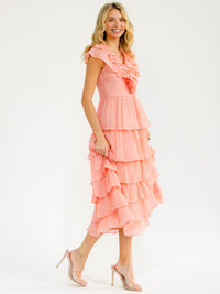 WOMEN'S SHORT SLEEVE V-NECK RUFFLE TIERED MAXI DRESS
