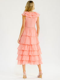 WOMEN'S SHORT SLEEVE V-NECK RUFFLE TIERED MAXI DRESS