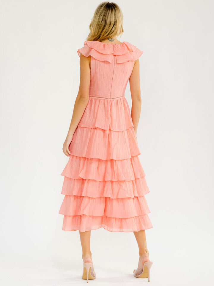 WOMEN'S SHORT SLEEVE V-NECK RUFFLE TIERED MAXI DRESS