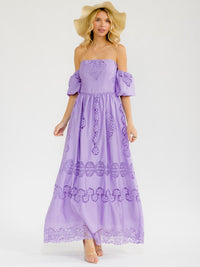 WOMEN'S OFF SHOULDER SMOCK CROCHET MAXI DRESS