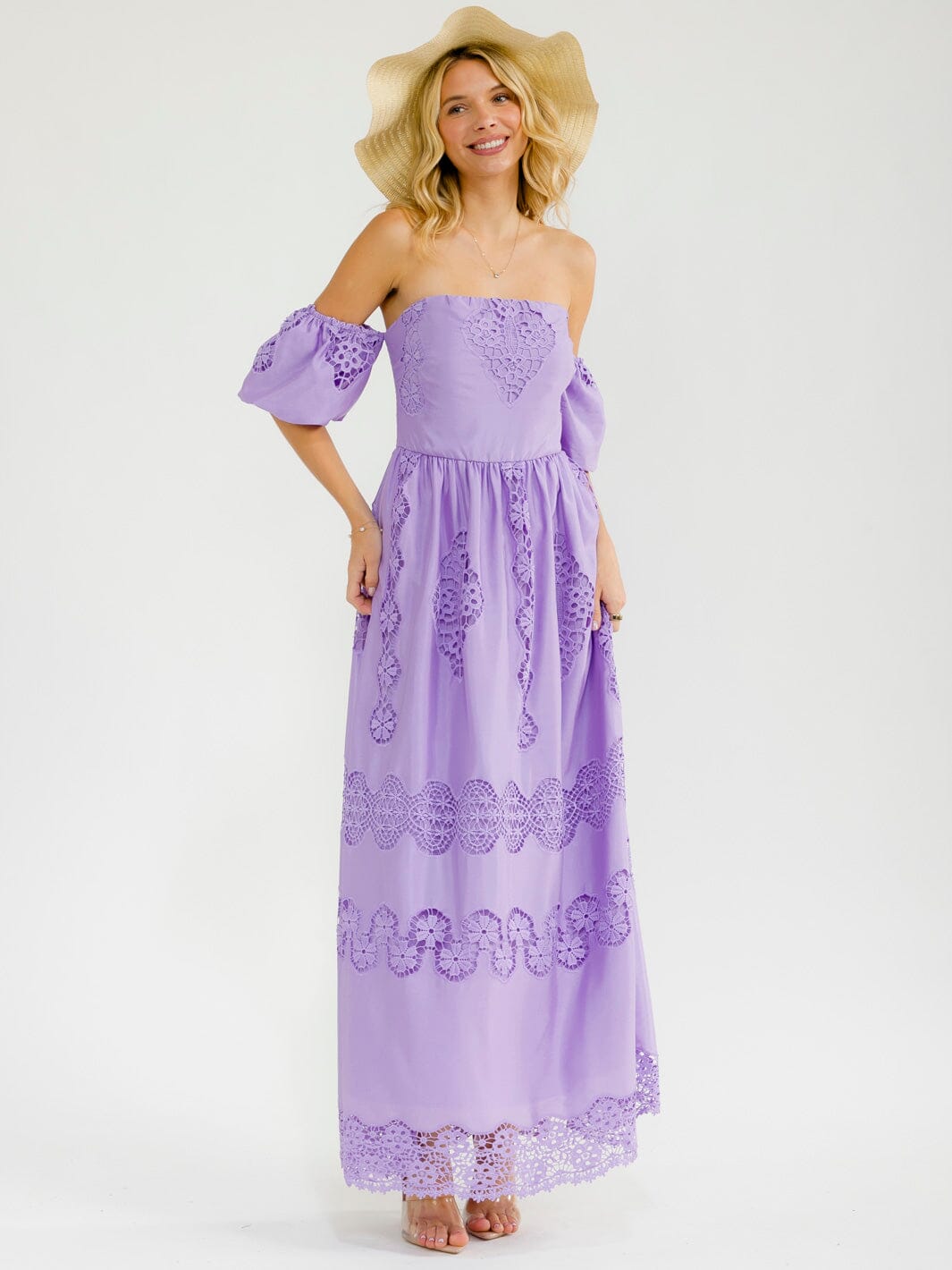 WOMEN'S OFF SHOULDER SMOCK CROCHET MAXI DRESS
