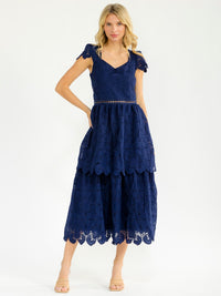 WOMEN'S SHORT RUFFLE SLEEVE CROCHET FLORAL TIERED MAXI DRESS