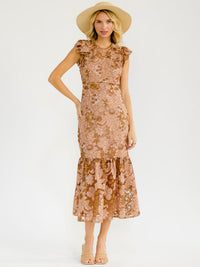 WOMEN'S RUFFLE SLEEVE CROCHET FLORAL BODYCON MAXI DRESS