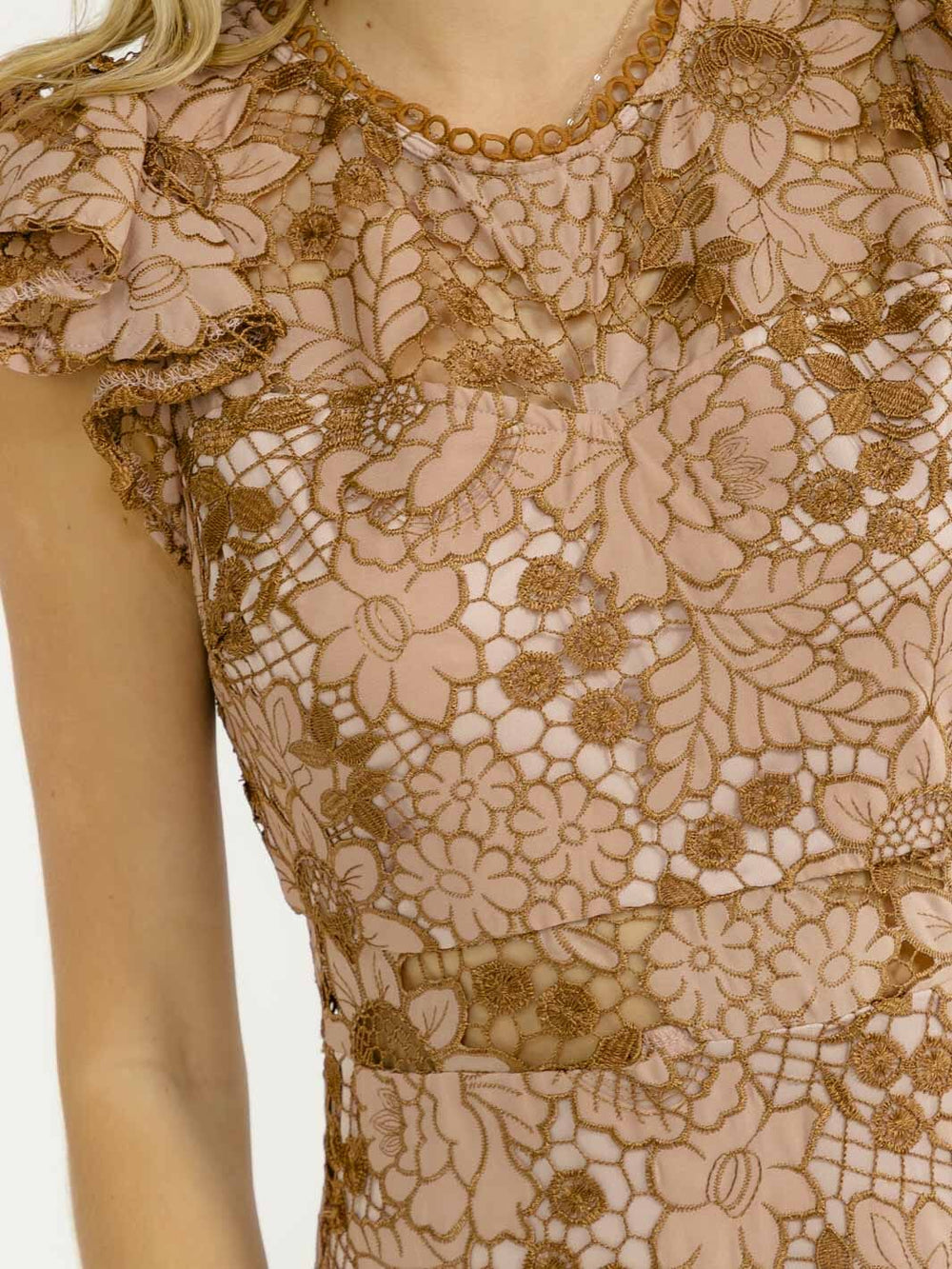 WOMEN'S RUFFLE SLEEVE CROCHET FLORAL BODYCON MAXI DRESS