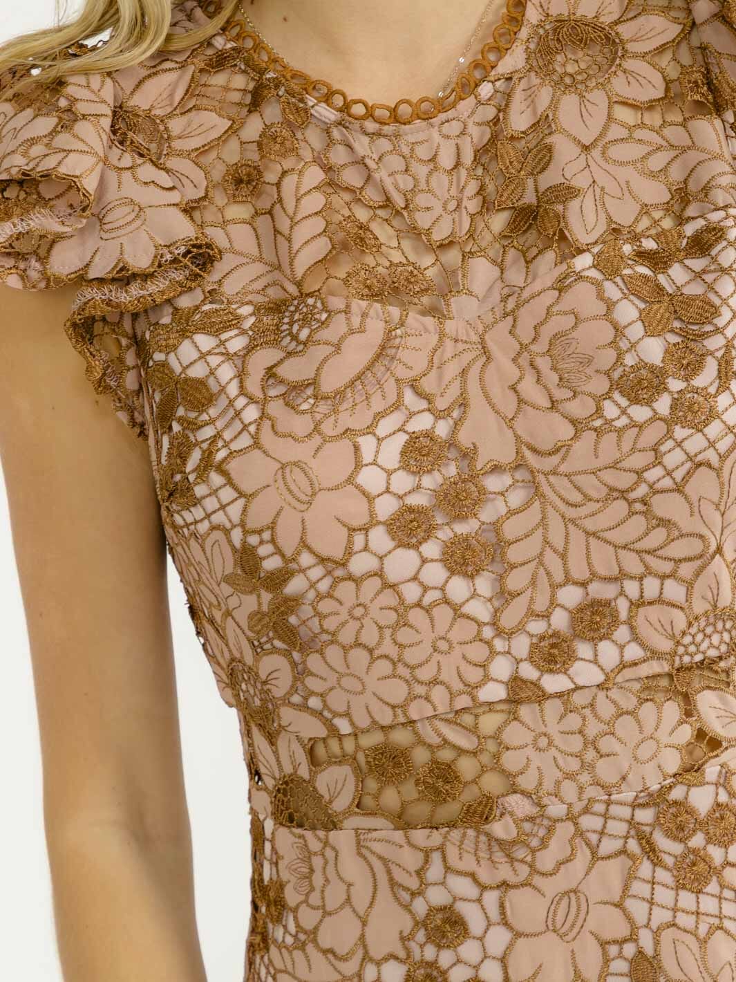 WOMEN'S RUFFLE SLEEVE CROCHET FLORAL BODYCON MAXI DRESS