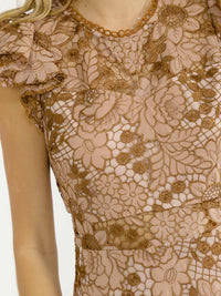 WOMEN'S RUFFLE SLEEVE CROCHET FLORAL BODYCON MAXI DRESS
