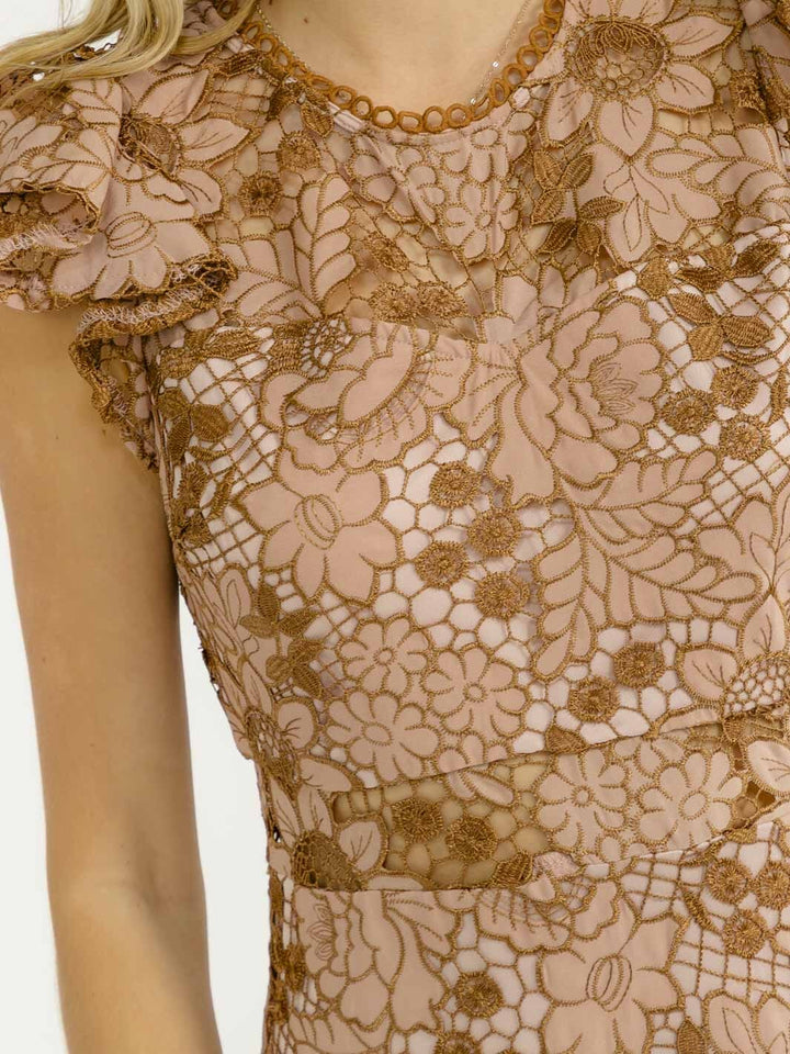 WOMEN'S RUFFLE SLEEVE CROCHET FLORAL BODYCON MAXI DRESS