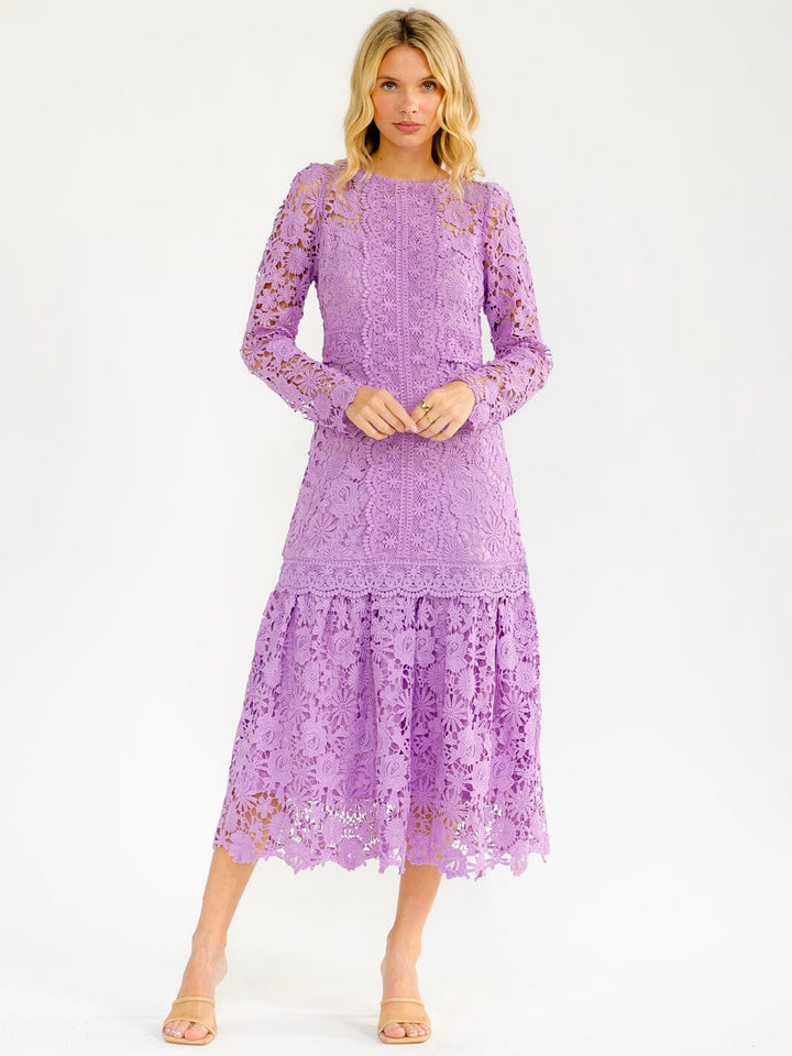 WOMEN'S LONG SLEEVE RUFFLE BOTTOM HEM CROCHET MAXI DRESS