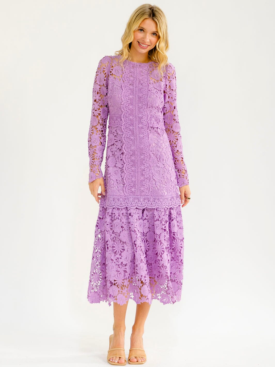 WOMEN'S LONG SLEEVE RUFFLE BOTTOM HEM CROCHET MAXI DRESS