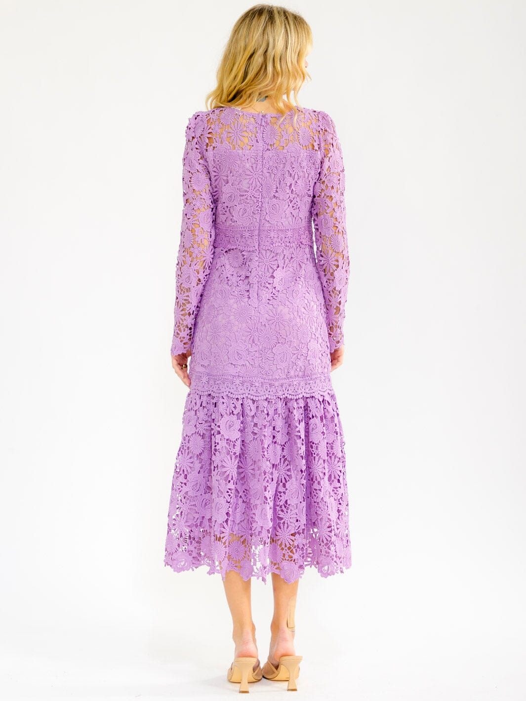 WOMEN'S LONG SLEEVE RUFFLE BOTTOM HEM CROCHET MAXI DRESS