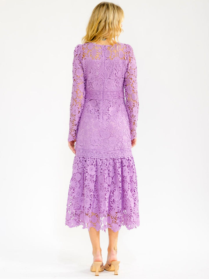 WOMEN'S LONG SLEEVE RUFFLE BOTTOM HEM CROCHET MAXI DRESS