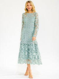 WOMEN'S LONG SLEEVE RUFFLE BOTTOM HEM CROCHET MAXI DRESS