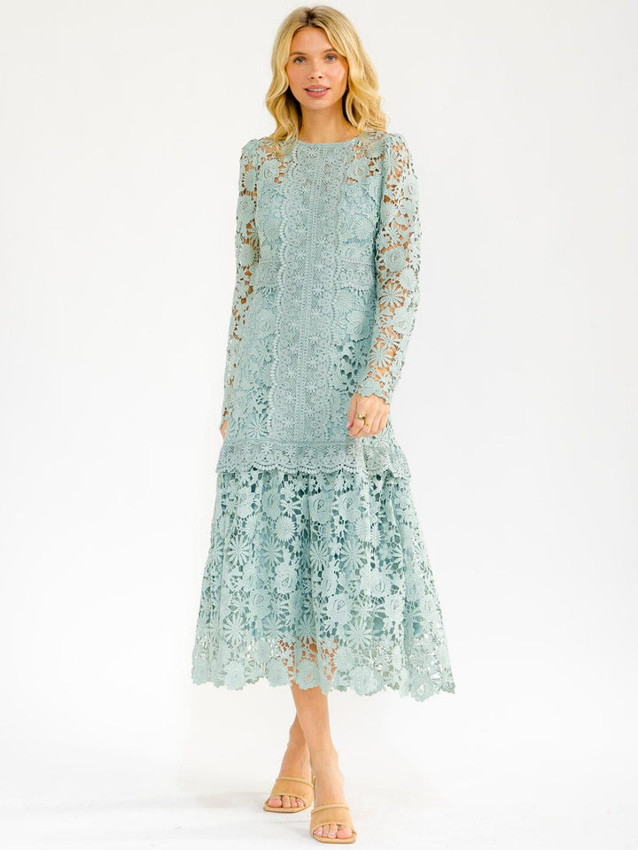 WOMEN'S LONG SLEEVE RUFFLE BOTTOM HEM CROCHET MAXI DRESS