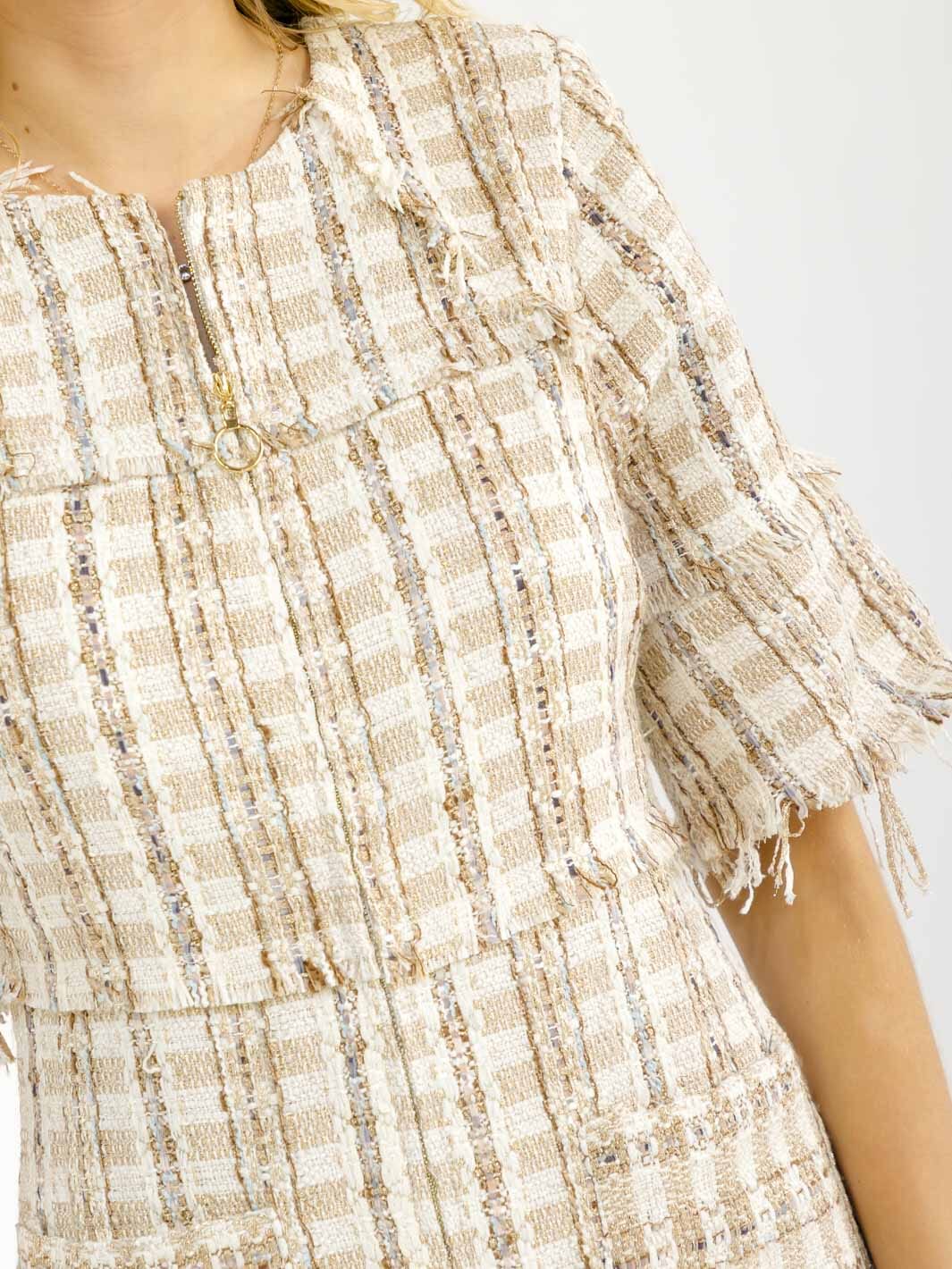 WOMEN'S SHORT SLEEVE ZIP UP FRONT POCKETS TWEED MINI DRESS