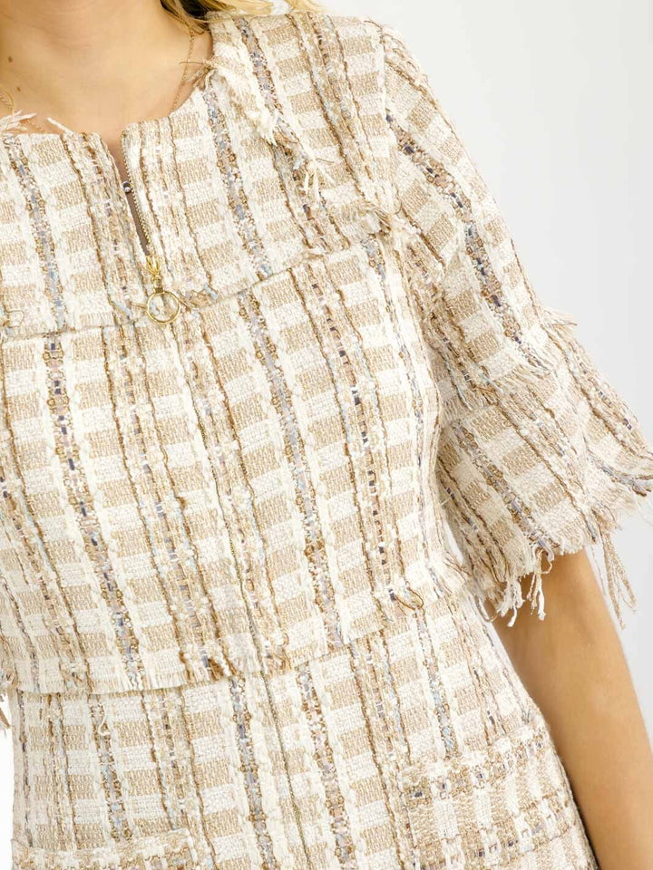 WOMEN'S SHORT SLEEVE ZIP UP FRONT POCKETS TWEED MINI DRESS