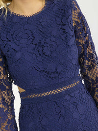 WOMEN'S LONG SLEEVE SIDE CUT OUT BODYCON CROCHET MIDI DRESS