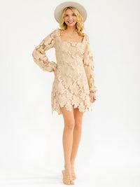 WOMEN'S LONG SLEEVE SQUARE NECK FLORAL CROCHET MINI DRESS
