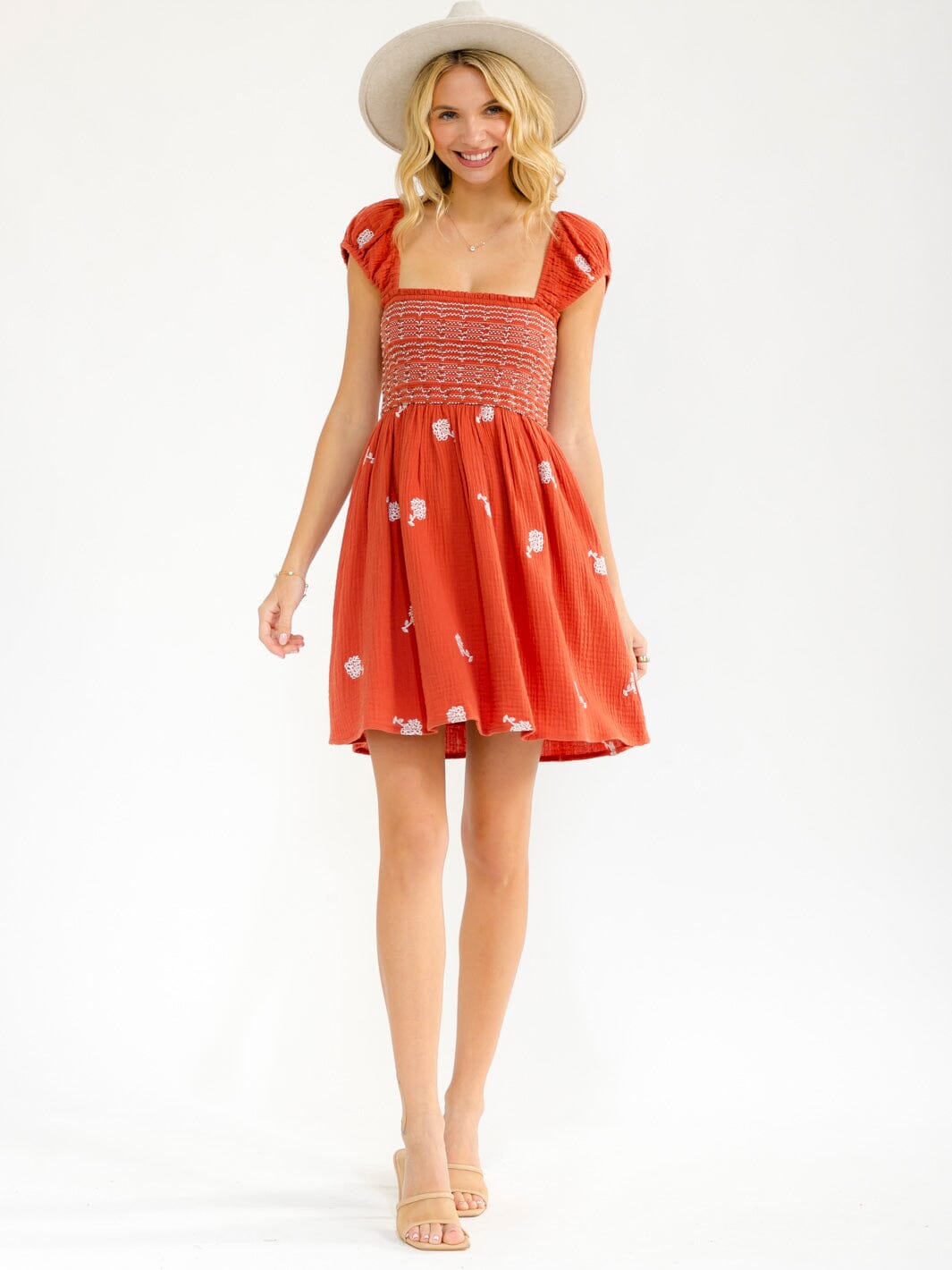 WOMEN'S SHORT SLEEVE SQUARE NECK SMOCK EMBROIDERY MINI DRESS