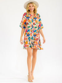 WOMEN'S SHORT SLEEVE BUTTON UP FRONT POCKETS FLORAL MINI DRESS