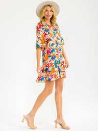 WOMEN'S SHORT SLEEVE BUTTON UP FRONT POCKETS FLORAL MINI DRESS
