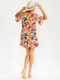 WOMEN'S SHORT SLEEVE BUTTON UP FRONT POCKETS FLORAL MINI DRESS