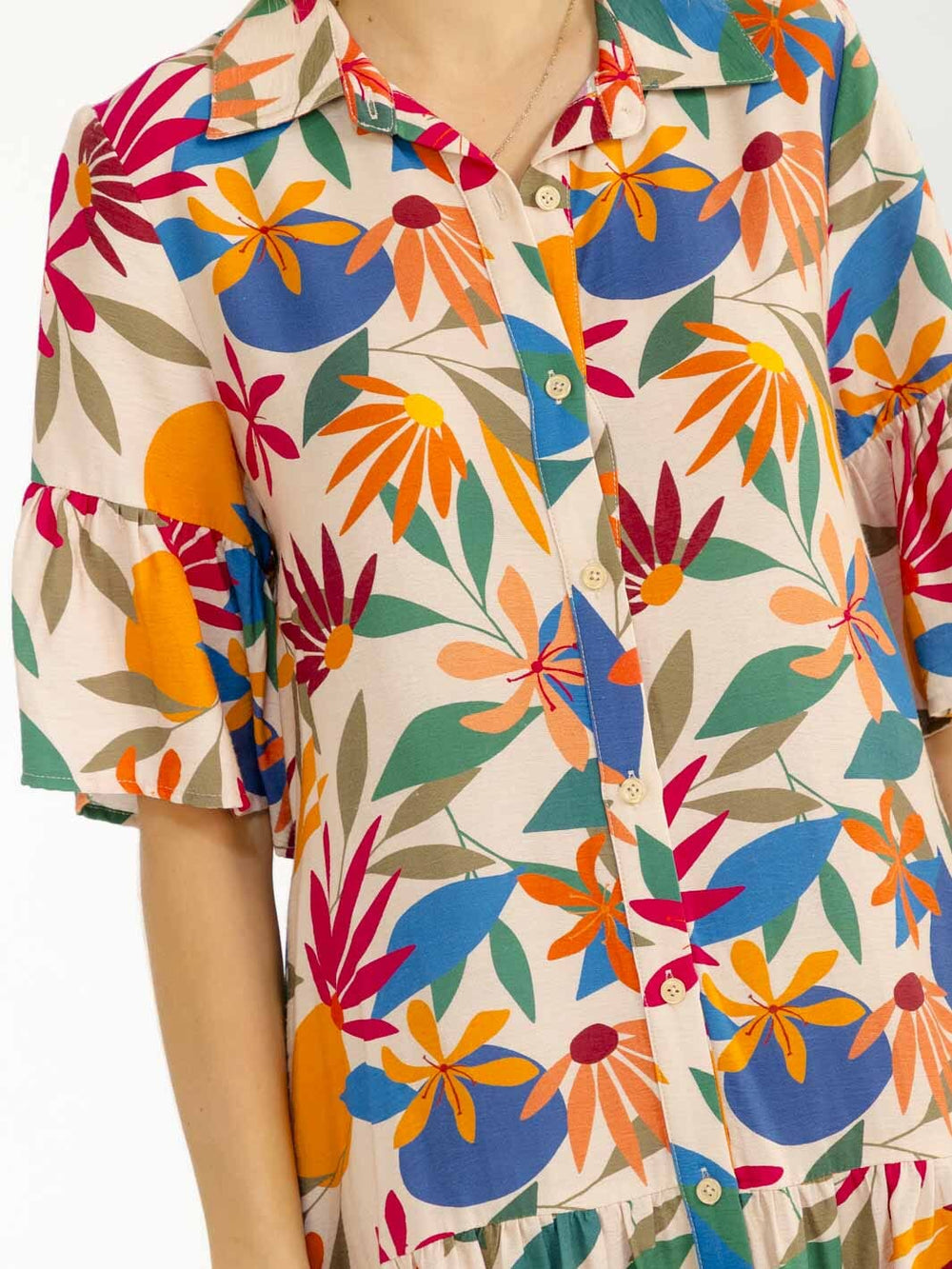 WOMEN'S SHORT SLEEVE BUTTON UP FRONT POCKETS FLORAL MINI DRESS