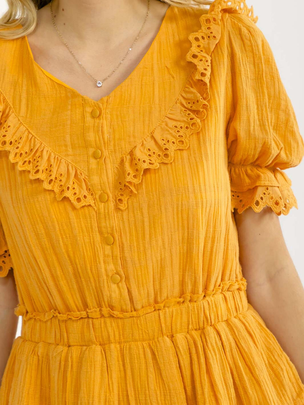 WOMEN'S SHORT SLEEVE BUTTON UP ELASTIC WAIST RUFFLE MINI DRESS