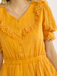 WOMEN'S SHORT SLEEVE BUTTON UP ELASTIC WAIST RUFFLE MINI DRESS
