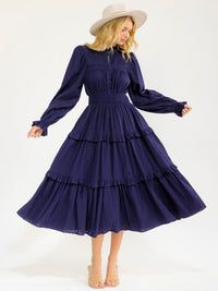 WOMEN'S LONG SLEEVE BUTTON UP ELASTIC WAIST FRONT POCKETS TIERED MAXI DRESS