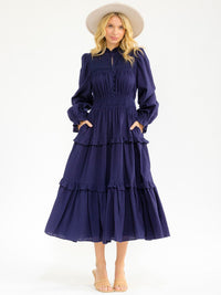 WOMEN'S LONG SLEEVE BUTTON UP ELASTIC WAIST FRONT POCKETS TIERED MAXI DRESS