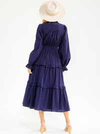 WOMEN'S LONG SLEEVE BUTTON UP ELASTIC WAIST FRONT POCKETS TIERED MAXI DRESS